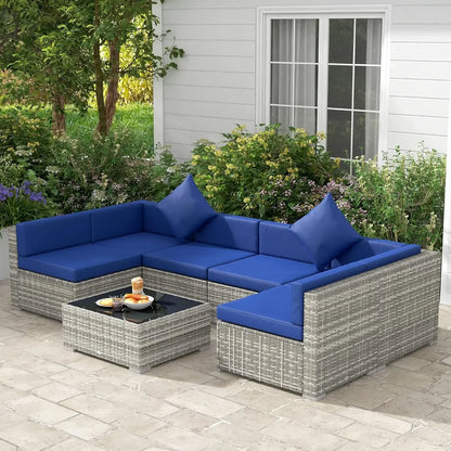 7-Piece Patio Furniture Set, Outdoor Wicker Conversation Set, All Weather PE Rattan Sectional Sofa Set with Glass Table, Pillows