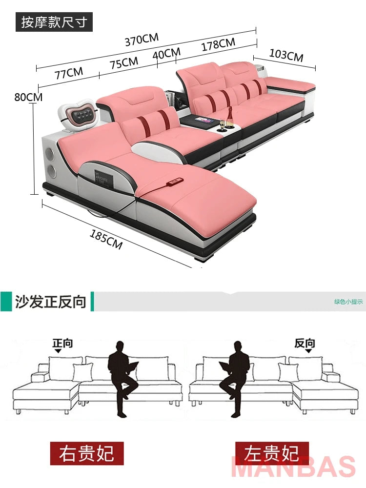 Italy Genuine Leather Sectional Sofa with Bluetooth Speaker,Functional Headrest,Massage Chaise | L Shape Corner Couch