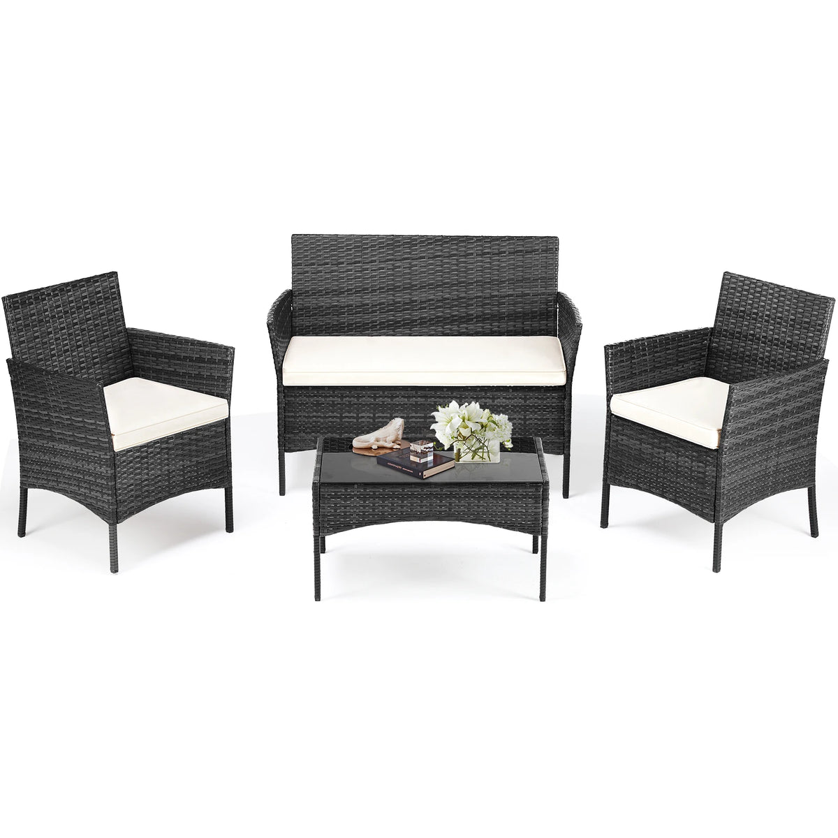 JHK 4 Piece Outdoor Patio Furniture Set with Soft Cushion and Glass Table Manual Weaving Wicker Rattan Patio Chairs For Garden