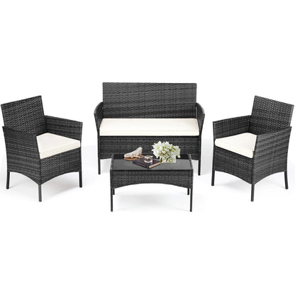 JHK 4 Piece Outdoor Patio Furniture Set with Soft Cushion and Glass Table Manual Weaving Wicker Rattan Patio Chairs For Garden