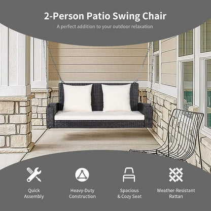 2-Seat Outdoor Porch Swing with Rattan Wicker Design and Solid Steel Chains Includes Comfortable Back and Seat Cushions in Beig
