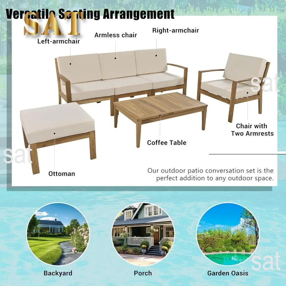 K 6 Piece Patio Sectional Sofa Set with 3-Seats Couch,Coffee Table, Ottoman and Removable Cushion for Garden Poolside