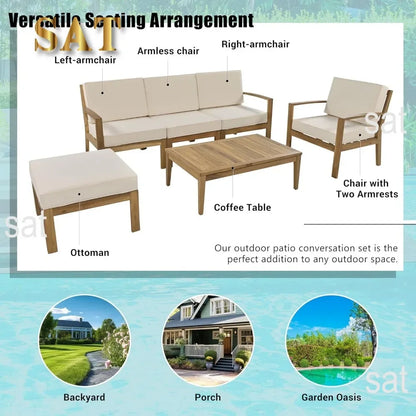 K 6 Piece Patio Sectional Sofa Set with 3-Seats Couch,Coffee Table, Ottoman and Removable Cushion for Garden Poolside