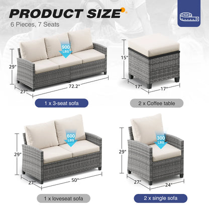 6 Pieces Outdoor Patio Furniture Set, Wicker Sectional Sofa Patio Conversation Set Couch with Ottomans for Outside Backyard Porc