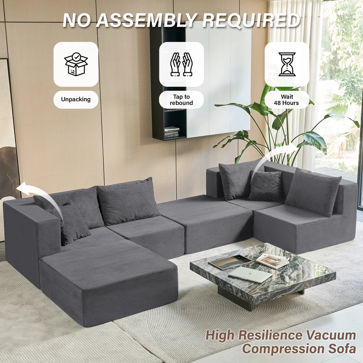 Modular Sectional Sofa Couches Corduroy Sleeper Deep Seat Sofa Bed, Comfy Cloud Couch for Living Room Floor Sofa, 6 Piece F