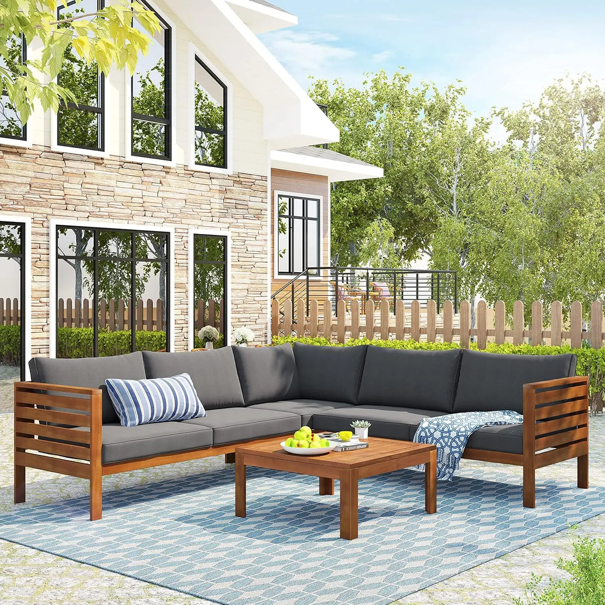 Modern Patio Furniture Set, 6-Piece Outdoor Sectional Sofa Set with Round Nesting Coffee Tables and Seating Sofa, Customized