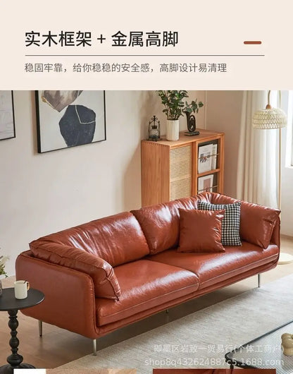 Retro oil wax leather living room sofa Modern simple small apartment sofa