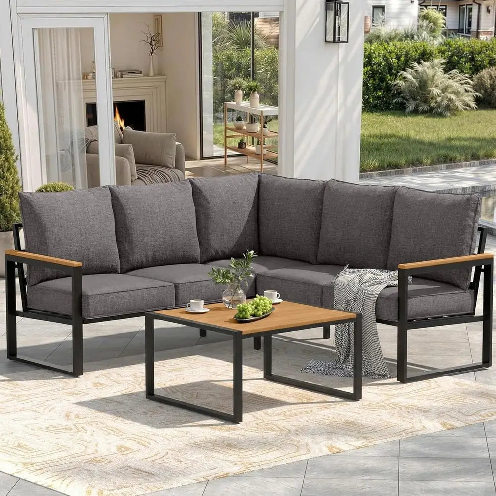 6-Piece Outdoor Sectional Sofa Set with Side Table, L-Shaped Patio Furniture, Grey