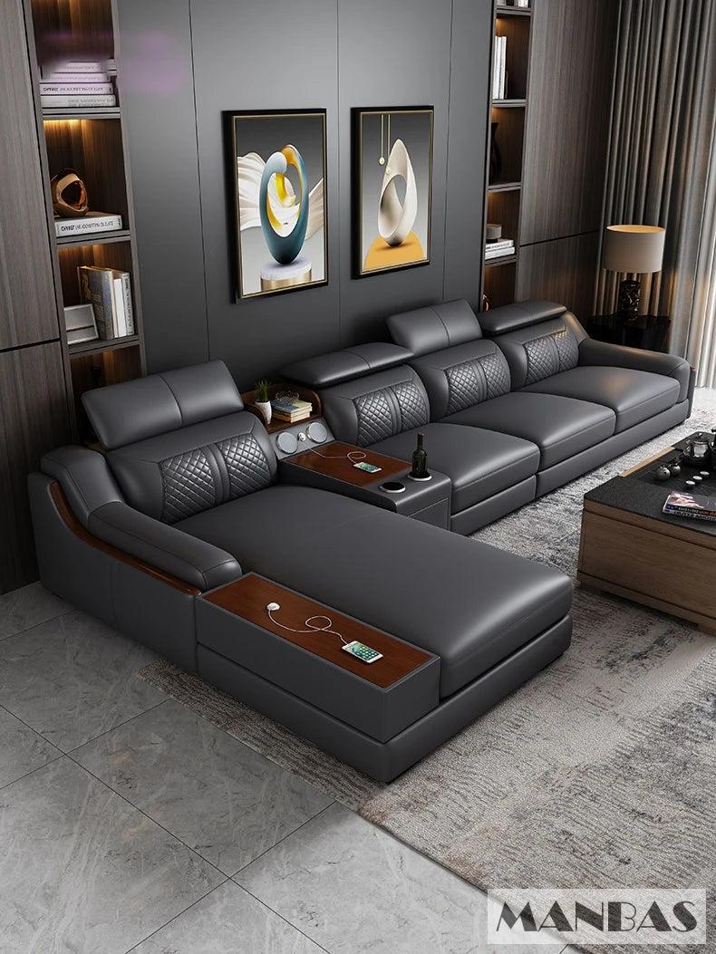 Stylish Italian Genuine Leather Sofa for Living Room with Cup Holder, USB, Adjustable Headrests & Bluetooth Speaker - Linlamlim