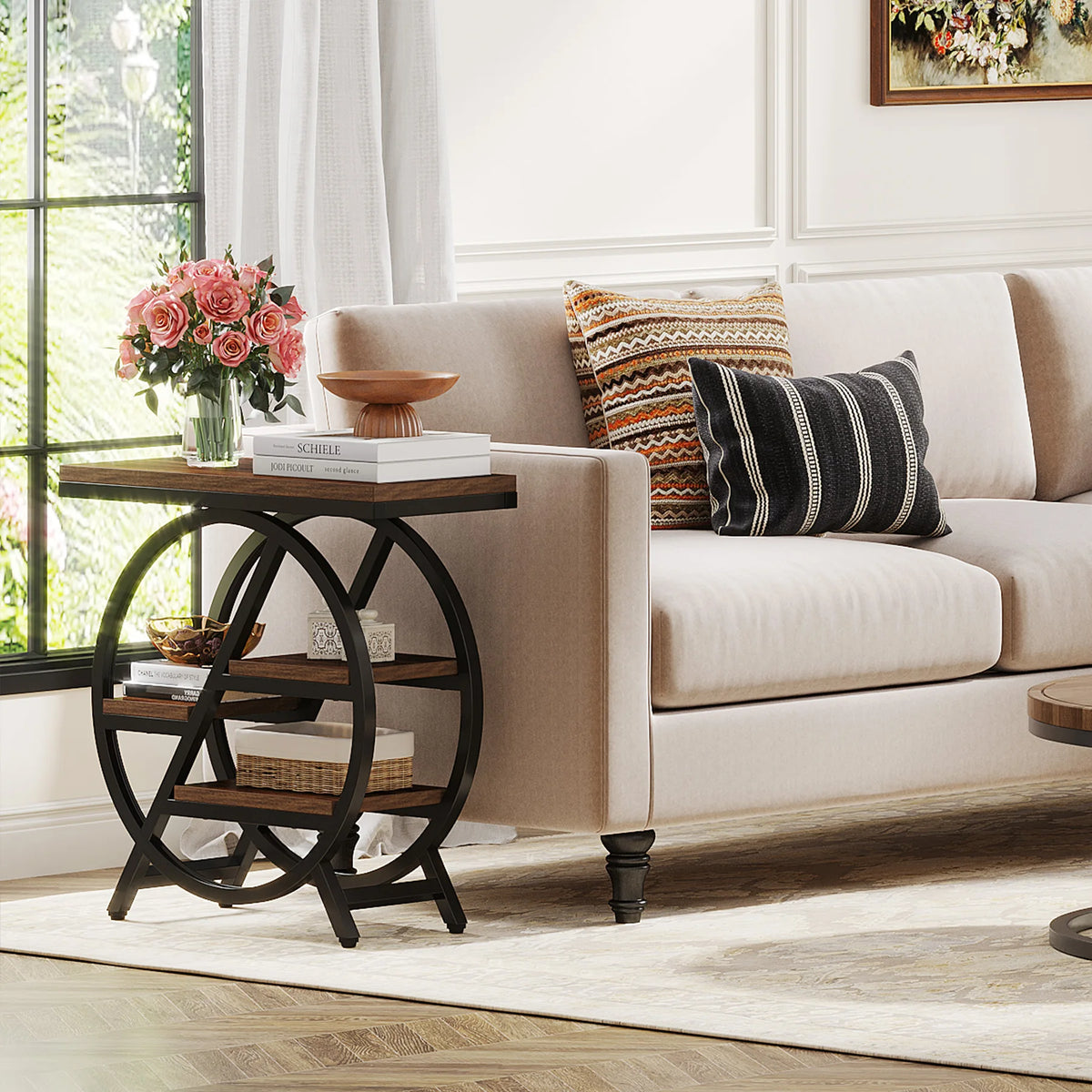 Tribesigns End Table for Living Room, 3-Tier Narrow Side Table with Storage, Wood Sofa Side Table with Geometric Metal Frame