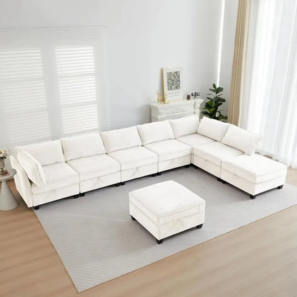 4 Seater Beige Modular Convertible L Shaped Sectional Sofa with Storage for Living Room or Office