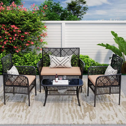 4 Pieces Outdoor Patio Furniture Set Featuring PE Rattan Wicker Garden Conversation Chairs with Tempered Glass Table and Soft C