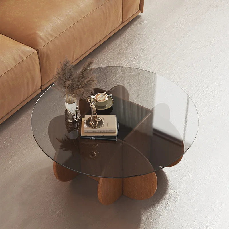 Table basse ronde en verre de luxe légère, Table basse moderne en bois massif, Table ronde nordique Simple
