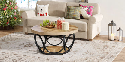 Tribesigns 31.7" Round Coffee Table, Industrial 2-Tier Circle Coffee Table with Storage Shelves, Modern Wooden Sofa Side Table
