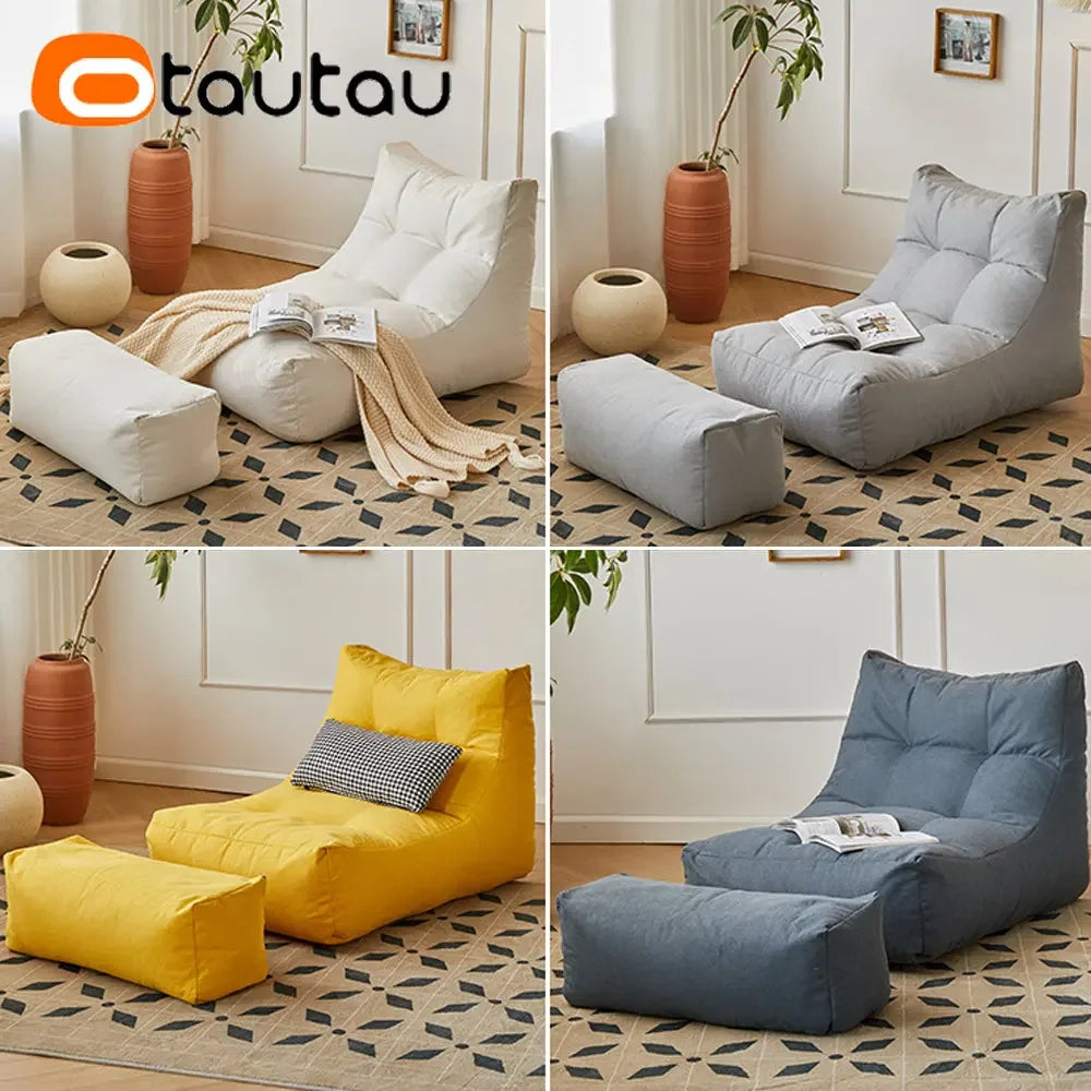 OTAUTAU Soft Cotton Bean Bag Cover Without Filler Chaise Lounge Recliner Sofa Bed Beanbag Pouf Sac with Footstool Ottoman SF027