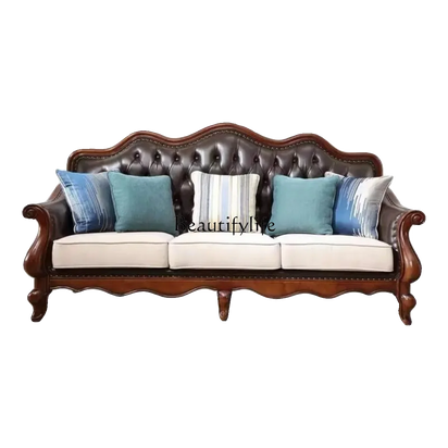 4*American all-solid wood leather sofa European double triple retro modern simple