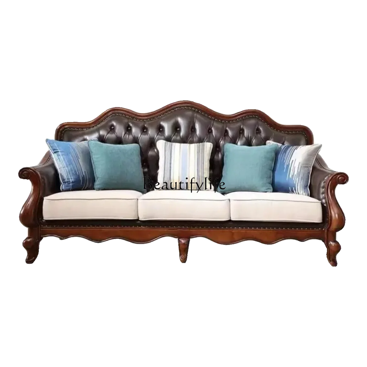 4*American all-solid wood leather sofa European double triple retro modern simple