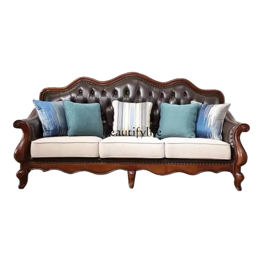 4*American all-solid wood leather sofa European double triple retro modern simple