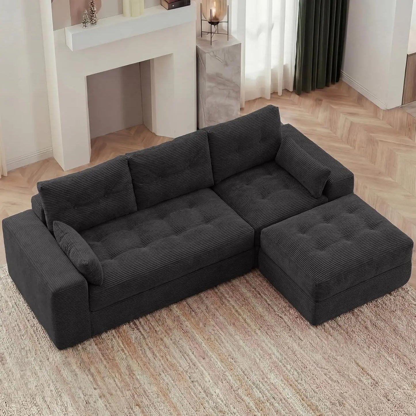 Redlife 100" L-Shaped Modular Sectional Sofa with Ottoman, 3-Seat Corduroy Couch with 30D High-Density Foam, No, Customized
