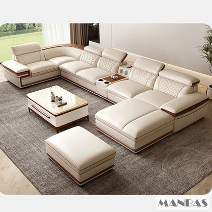 MINGDIBAO Premium Italian Genuine Leather Sofa Set for Living Room with Adjustable Headrests and Built-in Bluetooth Speaker, USB