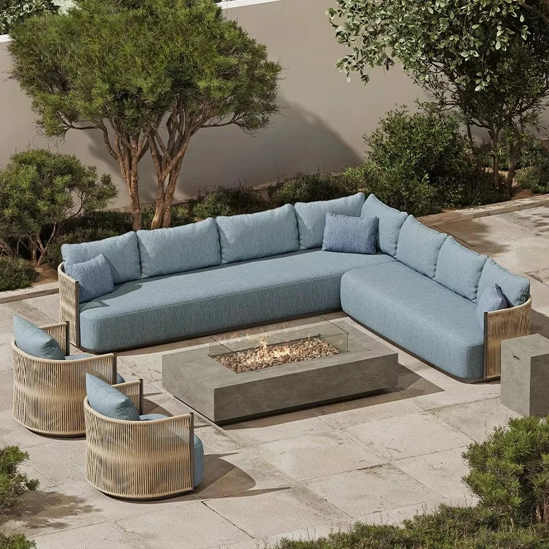L-shaped outdoor furniture set Aluminum garden sofa Hotel terrace furniture with fire pit custom modern villa outdoor sofa