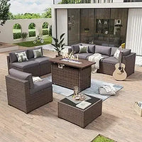 8 Piece Patio Furniture Set with 44” Fire Pit Table Wicker Rattan Outdoor Sectional Sofa Set with Coffee Table and Thickened Cu