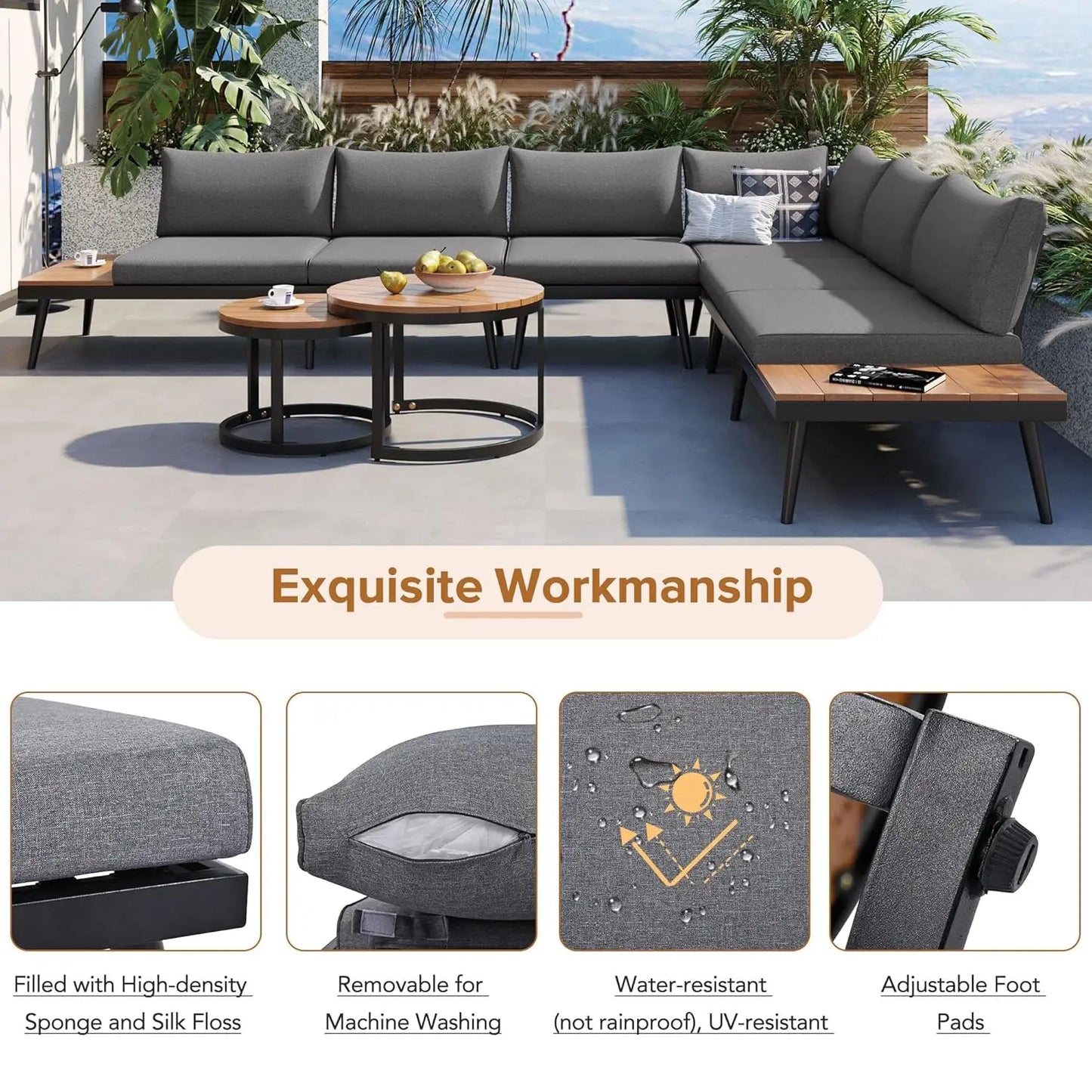 Modern Patio Furniture Set, 6-Piece Outdoor Sectional Sofa Set with Round Nesting Coffee Tables and Seating Sofa, Customized