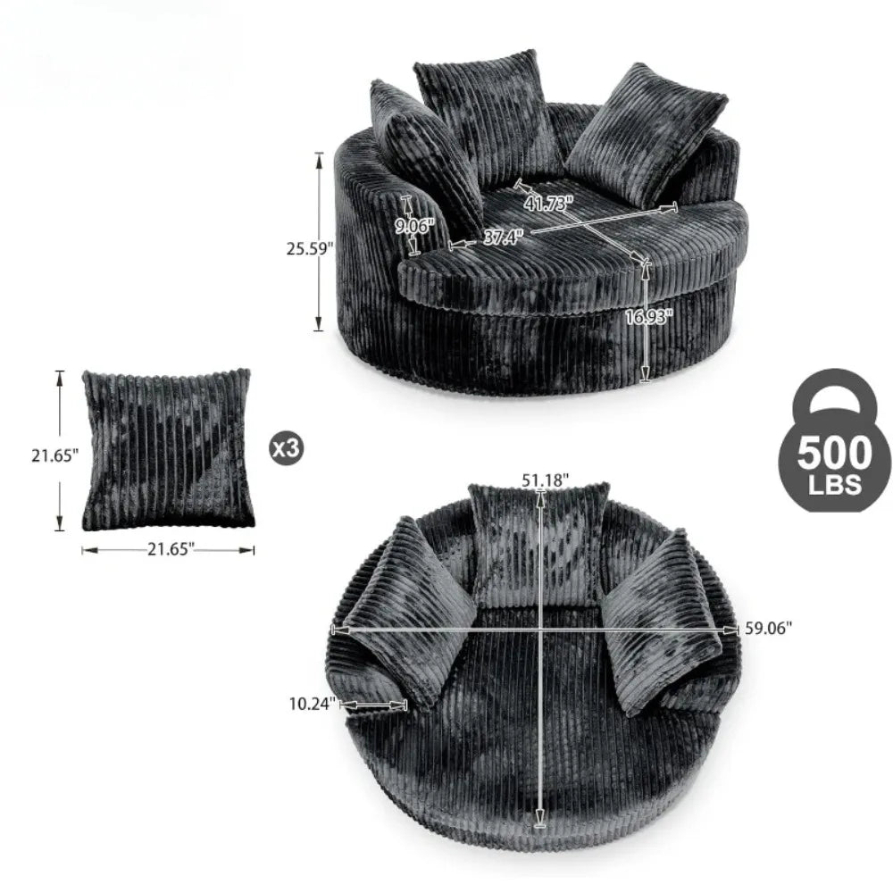 59 Inch Oversized Chaise Lounge Chair Indoor, Round Corduroy Chaise Lounge Sofa Bed with Throw Pillows and Backrest, Plush Sleep