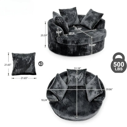 59 Inch Oversized Chaise Lounge Chair Indoor, Round Corduroy Chaise Lounge Sofa Bed with Throw Pillows and Backrest, Plush Sleep