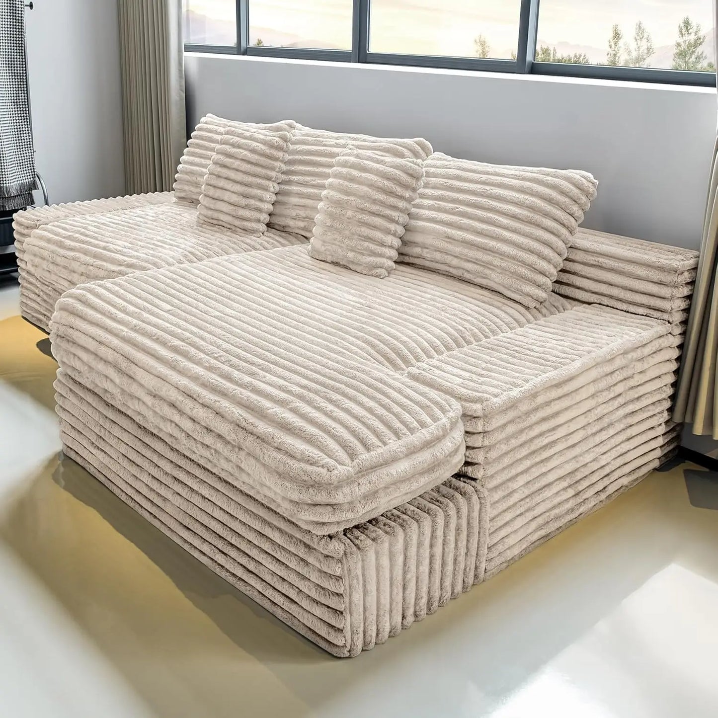 Beige Corduroy 118 Cloud Sectional Sofa with L-Shaped Chaise and Deep Seating for Modern Living Rooms