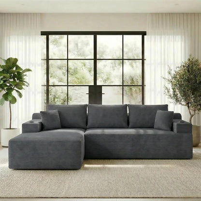 105" L Shaped Sectional Couch, Cloud Modular Boneless Sofa with 2 Cup Holders, Oversized Corduroy Floor Sofa with, Custom