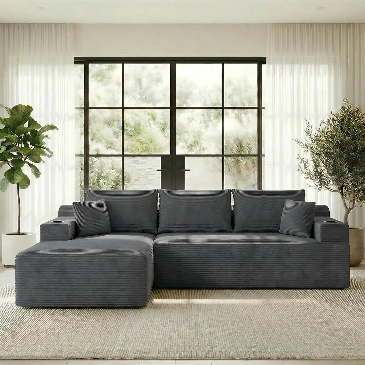 105" L Shaped Sectional Couch, Cloud Modular Boneless Sofa with 2 Cup Holders, Oversized Corduroy Floor Sofa with, Custom