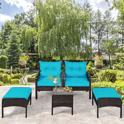 5Pieces Patio Furniture Set Outdoor Rattan Wicker Conversation Set with Coffee Table Cushioned Sofas and Ottoman Chat Set for G