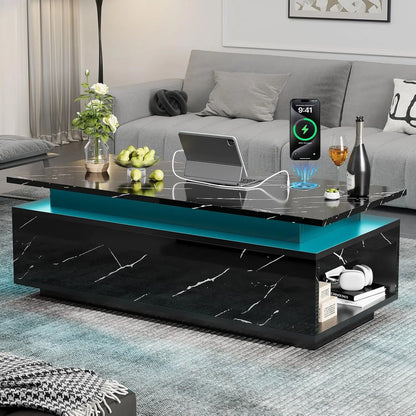 47" Modern LED Coffee Table with Lift Top, All Black Coffee Table with Storage High Gloss Surface, Hidden Storage with Drawer,