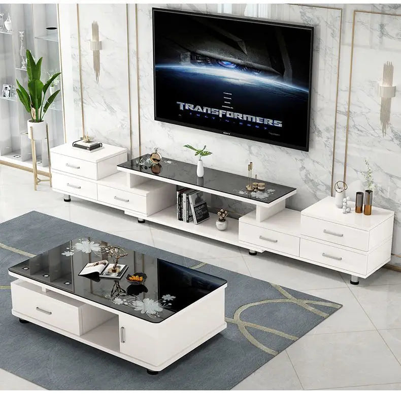 Modern & Minimalist Tempered Glass Expandable TV Stand & Coffee Table Set - European Style, Ideal for Small - Space Living Rooms