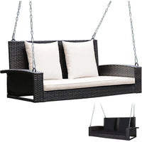 2Person Wicker Porch Swing Patiojoy Outdoor Rattan Hanging Swing Bench with 2 Back Cushions and 1 Seat Cushion Sturdy Steel Cha