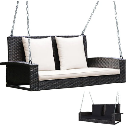 2Person Wicker Porch Swing Patiojoy Outdoor Rattan Hanging Swing Bench with 2 Back Cushions and 1 Seat Cushion Sturdy Steel Cha