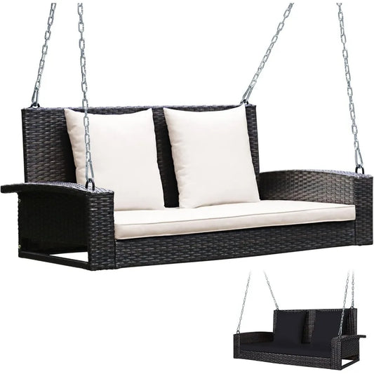 2Person Wicker Porch Swing Patiojoy Outdoor Rattan Hanging Swing Bench with 2 Back Cushions and 1 Seat Cushion Sturdy Steel Cha