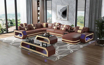 High Quality Luxury Design Leather Sectional Sofa Set with LED Light Genuine Leather Black Wholesale Living Room Furniture