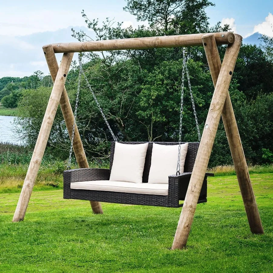 2Person Wicker Porch Swing Patiojoy Outdoor Rattan Hanging Swing Bench with 2 Back Cushions and 1 Seat Cushion Sturdy Steel Cha