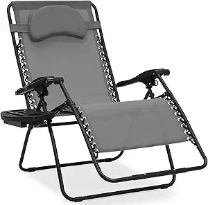 Oversized Zero Gravity Chair, Folding Outdoor Patio Lounge Recliner w/Cup Holder Accessory Tray, Pillow - Gray