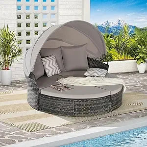 All-Weather Patio Round Outdoor Sectional Sofa Set with Retractable Canopy,Rattan Daybed Two-Tone Weave Sunbed with Separate Se