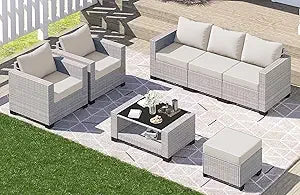 7-piece outdoor patio set, rattan chairs, glass table, wicker sectional for conversation seating