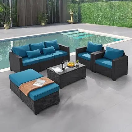 6 Pieces Outdoor Patio Furniture Sets with Furniture Cover, PE Rattan Wicker Patio Conversation Set with Tea Table (Peacock Blue
