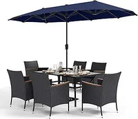 Sophia & William 8 Pieces Patio Dining Set with 13 Ft Beige Double-Sided Twin Umbrella, Outdoor Rattan Chairs & Metal Table Set