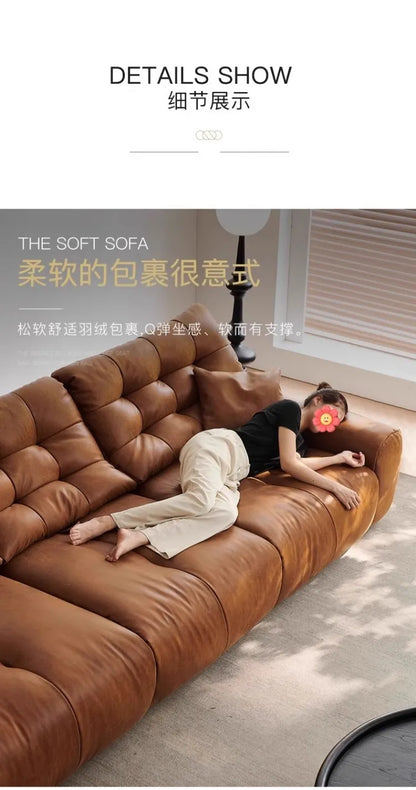 Retro oil wax leather sofa, small apartment living room straight row sofa, large sitting depth movable backrest medium ancient