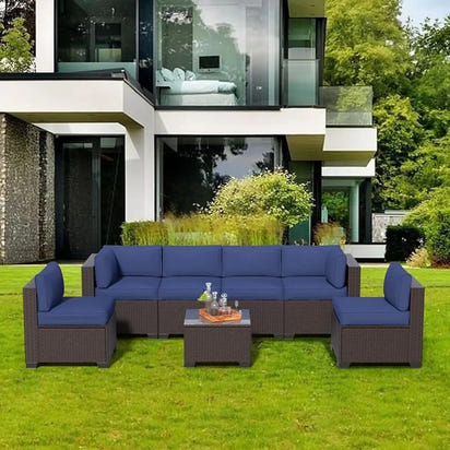 Outdoor Patio Furniture Set, Rattan Sectional Sofa, Conversation Set with Waterproof Cushion and Coffee Table