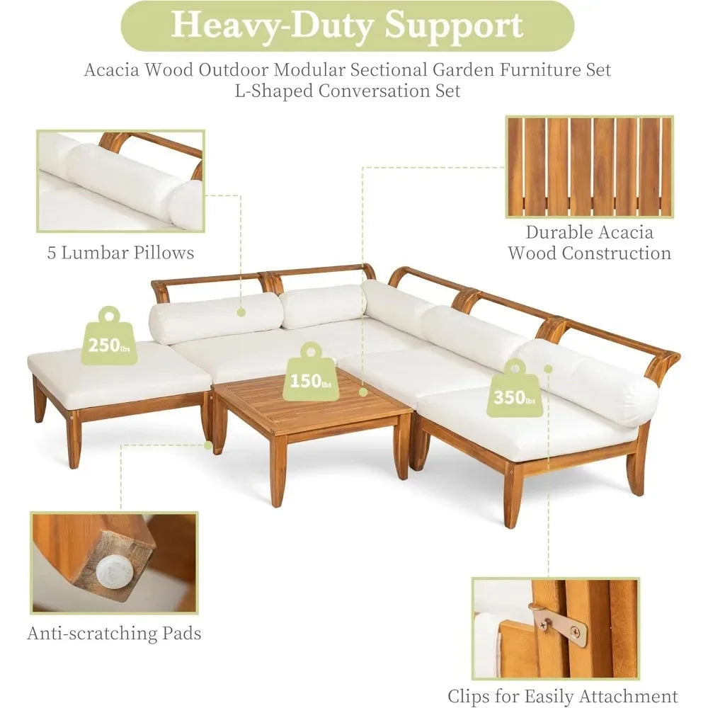 6 Piece Patio Sofa Set, Acacia Wood Outdoor Modular Sectional Garden Furniture Set L-Shaped Conversation Set,Convertible Daybed