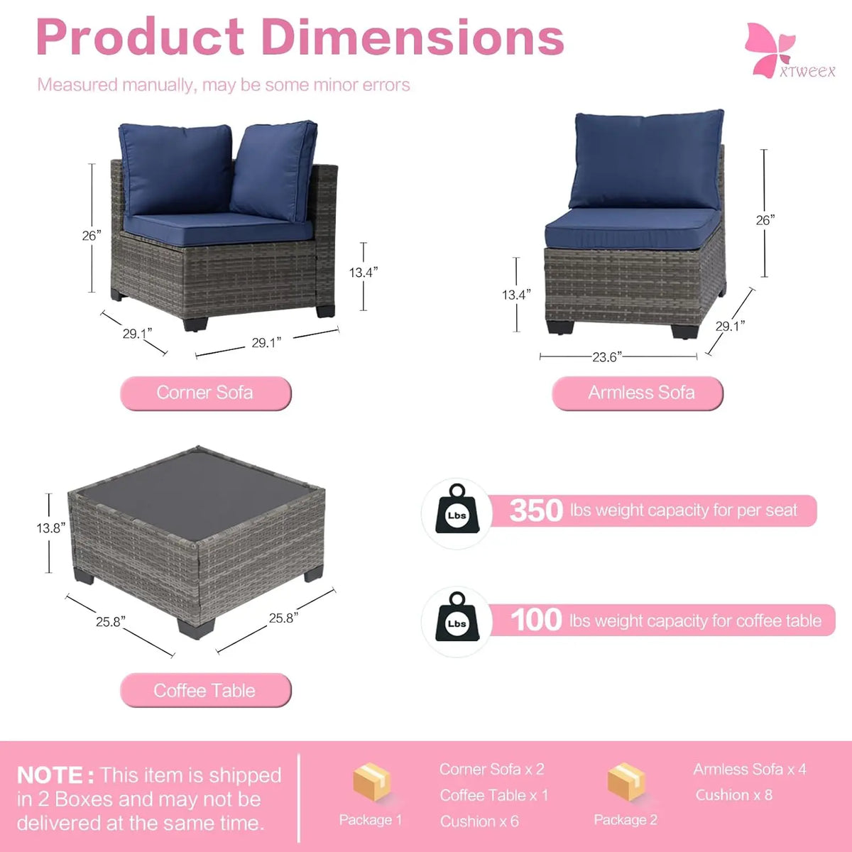 7-Piece Outdoor Rattan Sectional Sofa Set, Gray Wicker Patio Furniture Sets with Navy Blue Cushions for Balcony,, Customized