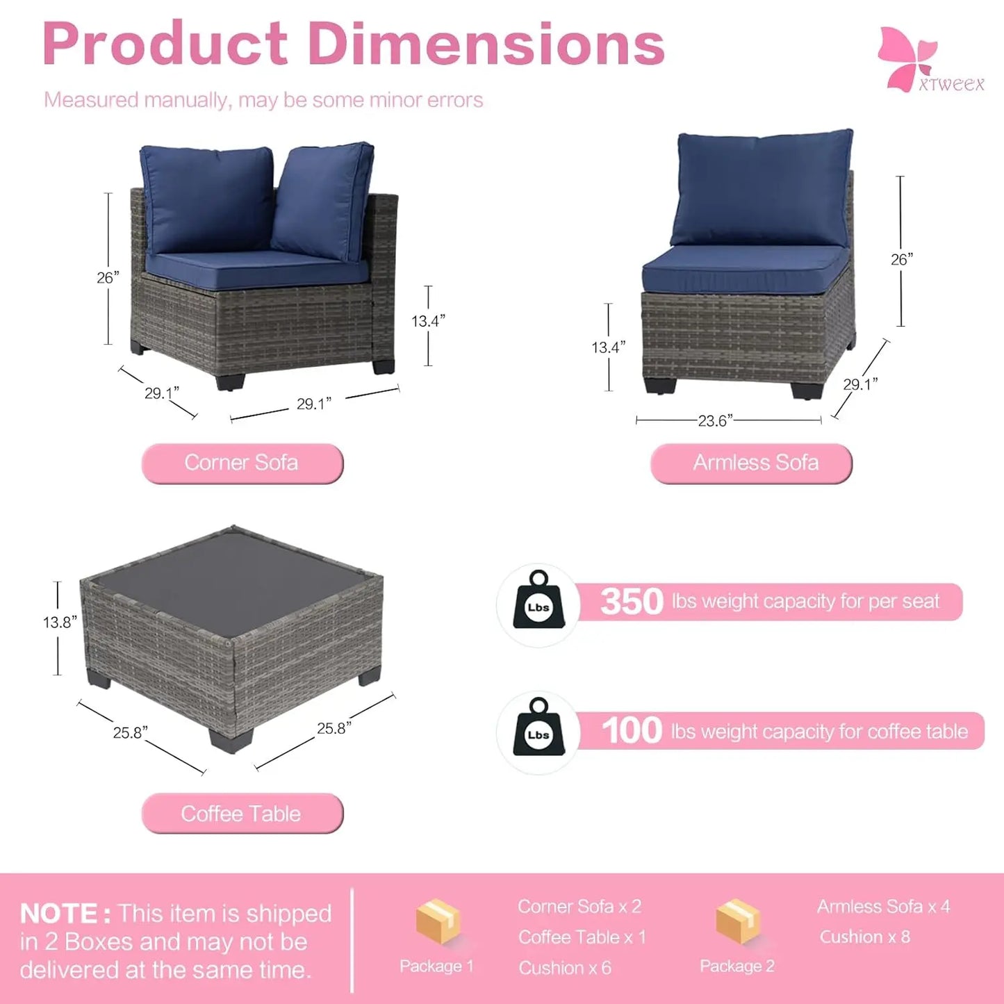7-Piece Outdoor Rattan Sectional Sofa Set, Gray Wicker Patio Furniture Sets with Navy Blue Cushions for Balcony,, Customized